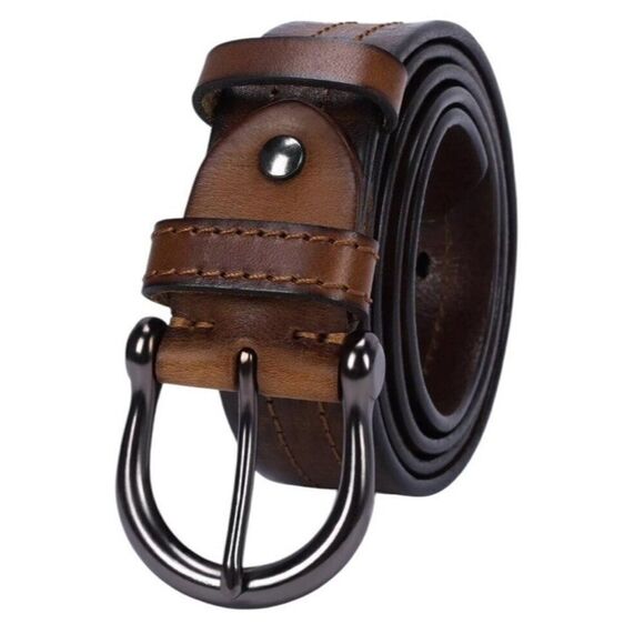 Mens 42 Brown Full Grain Leather Casual Belt Silver Alloy Buckle New Gift Boxed - Picture 1 of 8